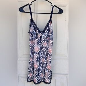 Geometric Print Slip Dress with Lace Trim